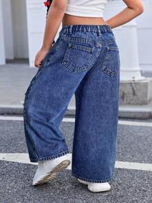 SHEIN 年轻女孩 Y2K 休闲蓝色破洞宽松牛仔裤，女童春夏休闲度假流浪汉牛仔裤 - 深色水洗藍 - 查看 2