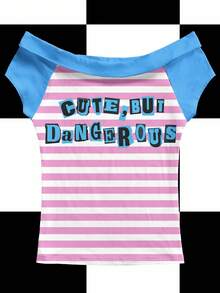 Y2Kool Tartagain 女士粉色条纹露肩短袖针织 T 恤，Y2K 风格撞色袖子和领子，合身图形字母印花上衣粉色条纹衬衫露肩上衣蓝色和粉色衬衫可爱上衣粉色和白色条纹衬衫可爱但危险的衬衫 - 粉色 - 查看 1