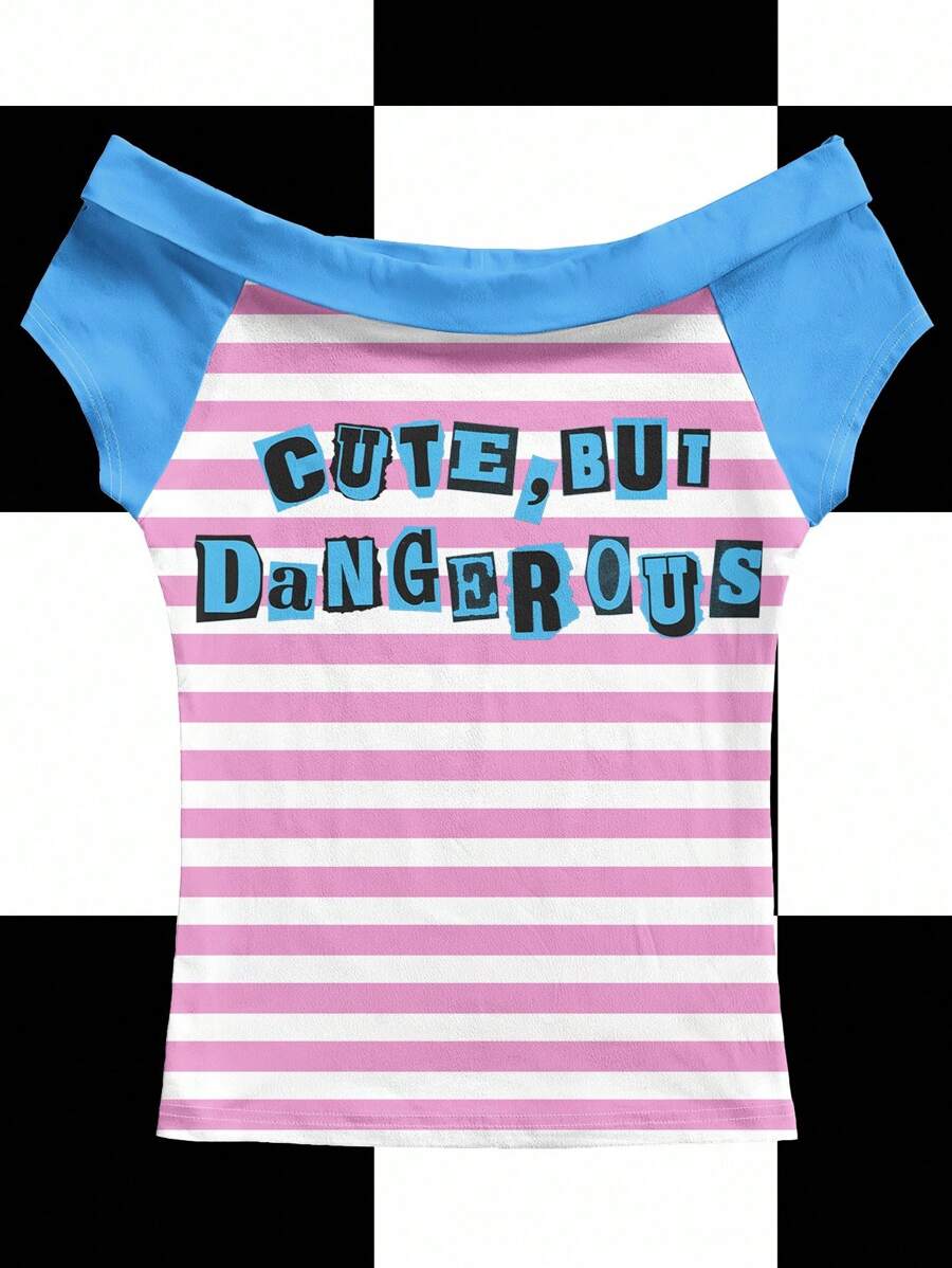 Y2Kool Tartagain 女士粉色条纹露肩短袖针织 T 恤，Y2K 风格撞色袖子和领子，合身图形字母印花上衣粉色条纹衬衫露肩上衣蓝色和粉色衬衫可爱上衣粉色和白色条纹衬衫可爱但危险的衬衫 - 粉色 - 查看 1