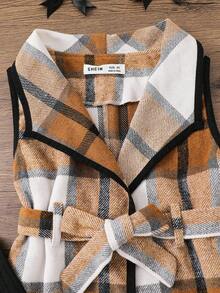 Emery Rose Kids Emery Rose Kids 3pcs/Set Young Girls Urban Fashion Plaid Jacket, Long Sleeve T-Shirt, Pants Set, Suitable For Casual Outings, Parties, Vacations And Other Occasions, Autumn/Winter Toddler Girl Birthday Girl Mommy And Me Matching Halloween Back To School Pink Autumn Fall Sister, Halloween Girls Checkered Outfit Girl Fall Winter Clothes Girls Fall Outfit Sets Girls Plaid Set Two Piece Kids Set Plaid Kids Winter Dresses - Khaki - View 12