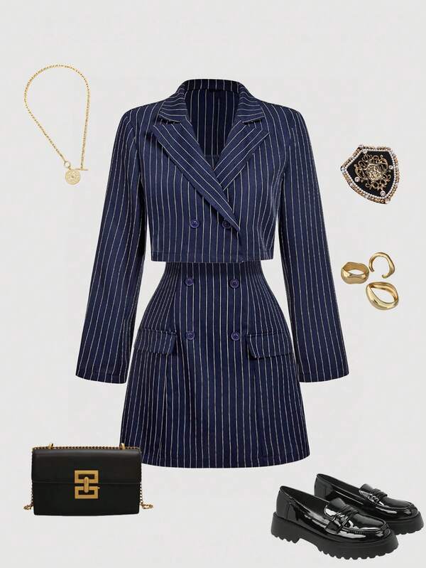 SHEIN MOD Women's Striped Cropped Long Sleeve Jacket, Camisole Dress, Suit Set,Old Money Style Women,Business Casual Woman,Teacher Outfits For Women,Going Out Outfit Women,Office Outfits For Women In Fall/Winter