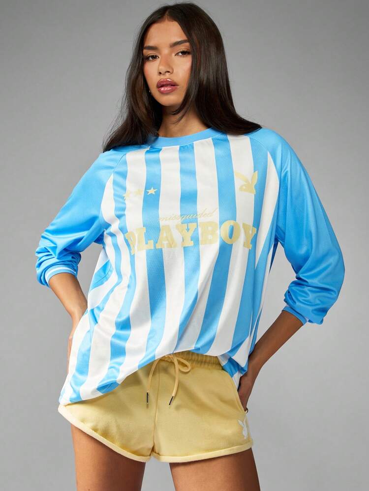 Missguided x Playboy Long Sleeve Retro Stripe T-Shirt With Collegiate Print Comfortable Loungewear For Casual Weekend Wear Spring Fall Jersey Top