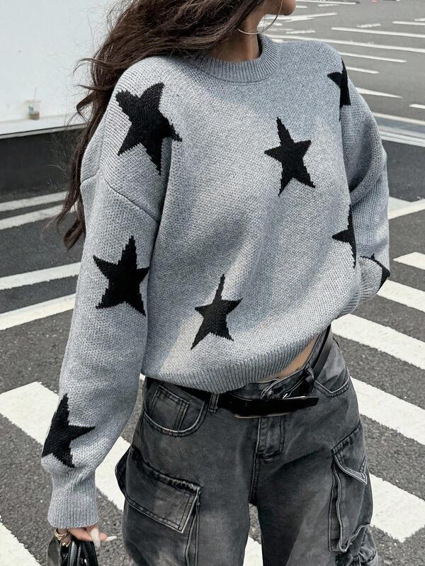 DAZY Suéter holgado de cuello redondo con estampado total para mujer, para otoño