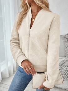 SHEIN LUNE Fashionable Casual Khaki Color Knitted Jacquard Jacket, Suitable For Commuting In Fall/Winter,Casual - Beige - View 6