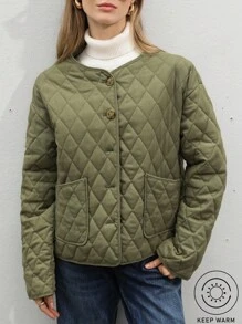 Aveloria Modichic 时尚休闲百搭通勤仿亚麻菱形绗缝圆领口袋纽扣女式夹棉大衣 - 軍綠色 - 查看 3