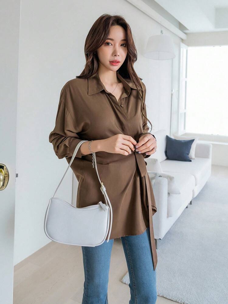 Tie Side Drop Shoulder Shirt,Long Sleeve Tops,Fall Clothes Modest Fashion