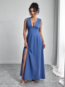 Elenzga Vestido de mezclilla de verano para mujer con cuello en V profundo, abertura alta en la falda, sin mangas y cintura ceñida - Azul - Ver 4