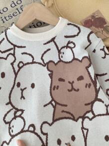 SHEIN 年轻女孩可爱卡通图案长袖毛衣，休闲百搭，适合秋冬 - 棕色 - 查看 4