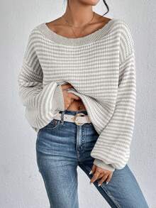 SHEIN LUNE Striped Pattern Off Shoulder Lantern Sleeve Sweater,Long Sleeve Tops,Off The Shoulder Sweater In Fall/Winter - Multicolor - View 3