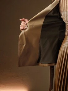 Anewsta 优雅复古渐变色 PU 皮夹克，超大衣领和腰带，短款修身款式，秋冬 - 黑色 - 查看 8