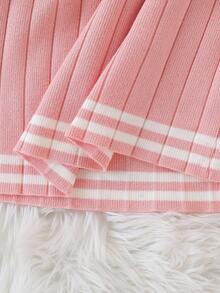 SHEIN 小女孩粉色和白色厚针织毛衣裙，公主风A字裙，适合居家、外出和聚会，秋冬 - 粉色 - 查看 8