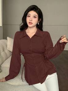 Modelyn 女士休闲日常通勤简约时尚百搭纯色系腰长袖衬衫，春秋季女士优雅衬衫棕色衬衫紧身胸衣衬衫修身衬衫系带衬衫 - 紅色 - 查看 7
