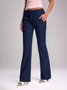 SHEIN BAE Spring Women's White Mid-Rise Flare Pants, Suitable For Music Festivals, Parties, Daily Outings, Celebrations, Street Activities, Festival Outfits, Summer Clothes, Rave Outfits,Fall - Navy Blue - View 1