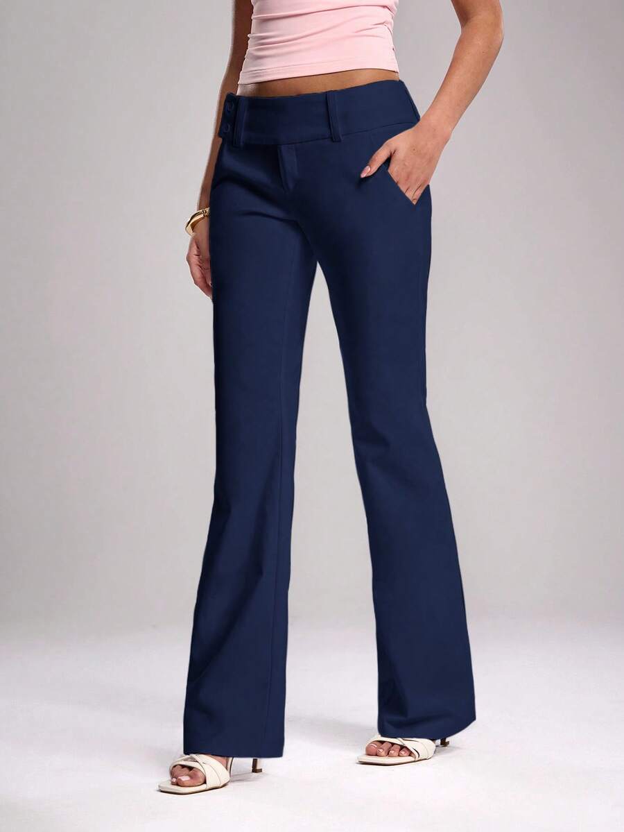 SHEIN BAE Spring Women's White Mid-Rise Flare Pants, Suitable For Music Festivals, Parties, Daily Outings, Celebrations, Street Activities, Festival Outfits, Summer Clothes, Rave Outfits,Fall - Navy Blue - View 1