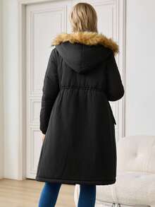 SHEIN Maternity Casual Drawstring Waist Hooded Jacket, Versatile For Winter Winter Clothes Chic - Black - View 7