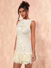 SHEIN BAE 女士夏季度假优雅纹理针织面料双层荷叶边下摆迷你连衣裙、女士沙滩装、女士演唱会装、女士早午餐装、海滩度假装、女士节日装、生日礼服、毕业礼服 - 杏色 - 查看 5