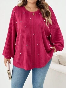 SHEIN CURVE+ Plus Size Autumn Pearl Detail Ribbed Knit Long Sleeve Top/Autumn /Winter - Hot Pink - View 7
