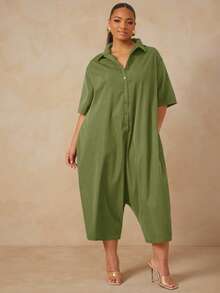 Vixey Bộ đồ liền thân cài nút tay lửng - Màu xanh Ô liu - Xem 1