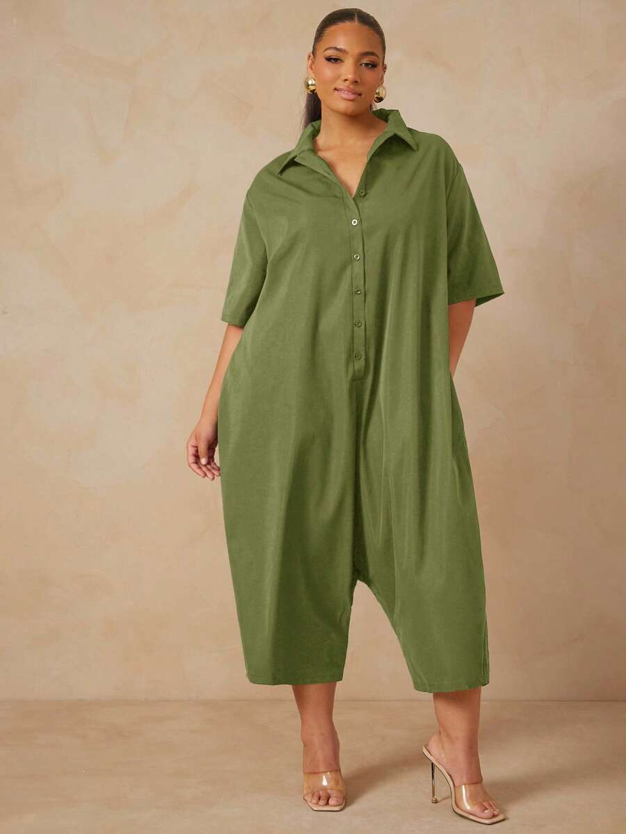 Vixey Bộ đồ liền thân cài nút tay lửng - Màu xanh Ô liu - Xem 1