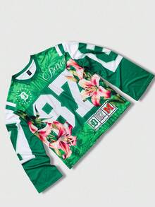 ROMWE MEN Prep T-shirt à manches longues col rond pour homme avec imprimé floral et numérique contrastant, pour l'automne