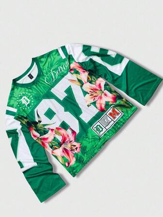 Prep Men's Round Neck Long Sleeve Contrast Color Floral & Numeric Print T-Shirt, For Fall