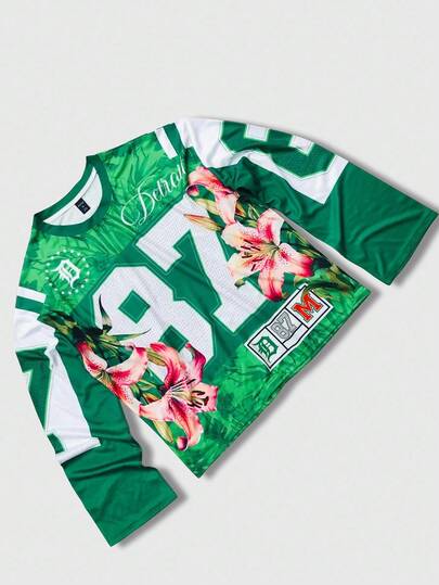 Prep Men's Round Neck Long Sleeve Contrast Color Floral & Numeric Print T-Shirt, For Fall