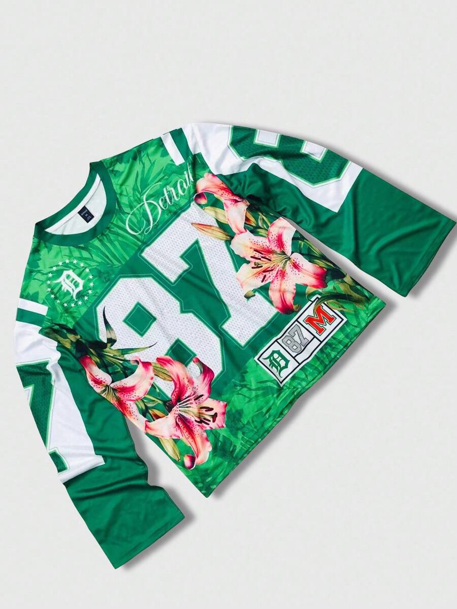 ROMWE MEN Prep T-shirt à manches longues col rond pour homme avec imprimé floral et numérique contrastant, pour l'automne