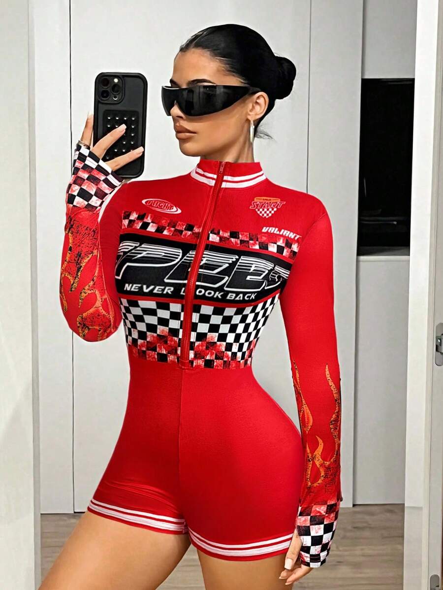 SHEIN ICON Y2k 外出运动风格摩托车印花长袖连体裤 - 紅色 - 查看 1