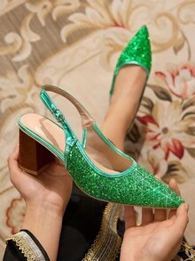 CUCCOO TILAWA Women's Crystal Heel Rhinestone Mesh Pointed Toe Slip-On Pumps Green Shoes, Suitable For Outings, Banquets, Parties And Other Events - Green - View 12