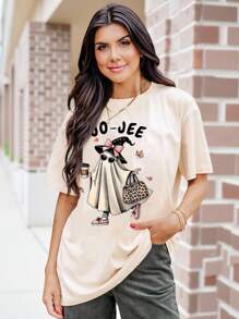 ReShift Women's Plus Size Round Neck Short Sleeved Halloween T-Shirt, Printed With Ghosts And Slogans, Can Be Worn All Year Round - Apricot - View 1