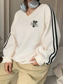 Dazy Plus V-Neck Graphic Print Color Block Ribbon Loose Sporty Casual Plus Size Women Sweatshirt, Spring/Autumn