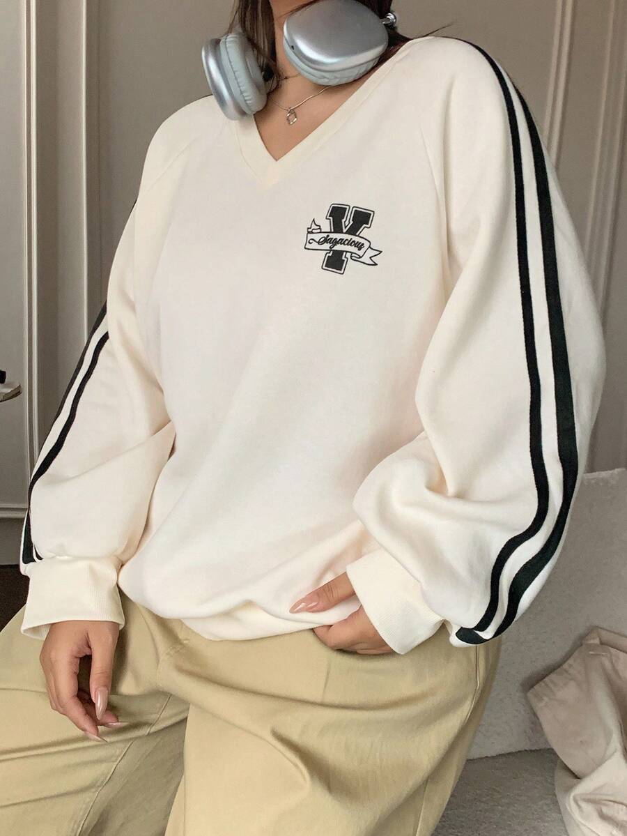 Dazy Plus V-Neck Graphic Print Color Block Ribbon Loose Sporty Casual Plus Size Women Sweatshirt, Spring/Autumn