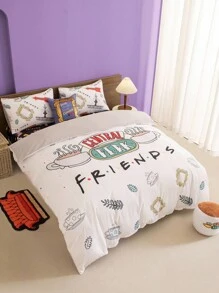 FRIENDS X SHEIN 3pc Coffee Cup Print White Bedding Set,Suitable For Single Bed/Double Bed/Queen Bed/King Bed, Dormitory/Home - Multicolor - View 5