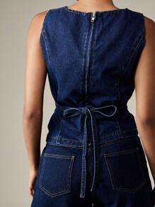 MISSGUIDED 无袖牛仔上衣，后背系带，经典牛仔背心，高领，夏季时尚休闲修身棉质深色洗水牛仔衬衫 - 藍色 - 查看 4