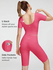 GLOWMODE 2 Pieces FeatherFit™ U-Back Cropped Active Tank & 4.3" Tummy Control Biker Shorts Set Low Impact Yoga Pilates Daily - Blush Crush - View 5