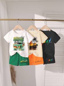 SHEIN 3 件套年轻男孩夏季休闲时尚创意卡通赛车彩色字母图案印花圆领短袖 T 恤和短裤套装 - 彩色 - 查看 3
