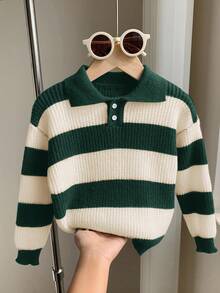 SHEIN 1 Piece Young Boys Casual College Comfortable Fashion Simple Practical All-Match Soft Comfortable Loose Striped Polo Sweater Suitable For Birthday Parties, Parties, Shows Suitable For Kids Outfits Young Boy Clothes School Back To School Boys Set Daily Suitable For School Suitable For Travel Suitable For Sports Suitable For Autumn And Winter Fall