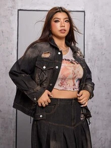 SHEIN EZwear 大码女式前卫街头风格做旧黑色牛仔夹克，无弹力 - 黑色 - 查看 4