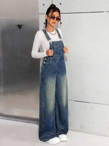 SHEIN 少女宽松蓝色带口袋牛仔背带裤 - 深色水洗藍 - 查看 5