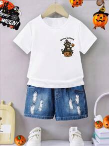 Camiseta casual divertida y de moda para niño pequeño con gráfico de mapache y calabaza "Espeluznante y salvaje", camiseta gráfica de calabaza de Halloween espeluznante, para fiesta de Halloween - Blanco - Ver 3