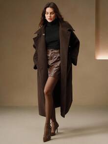 Anewsta 女士优雅圣诞新年高端复古纯色立领宽松中长百搭深色羊毛大衣，冬季 - 咖啡棕 - 查看 3