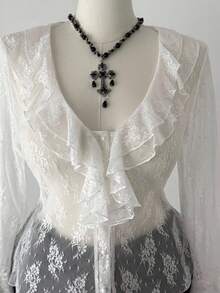 Sunspun Áo cánh ren cổ chữ V viền bèo nhún, áo sơ mi tay loe gợi cảm thường ngày, áo kiểu Pháp đi chơi - Màu be - Xem 2