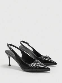 CUCCOO BIZCHIC Zapatos de tacón alto de mula de mujer con punta afilada, tacón de aguja, correa trasera negra, correas múltiples, moda versátil para ir al trabajo