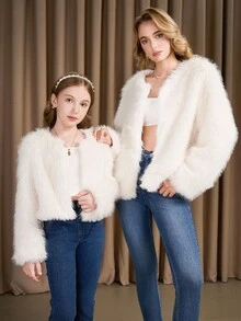 SHEIN 女孩休闲人造毛皮夹克，可爱时尚风格，白色蓬松舒适，适合春季、夏季、秋季，非常适合户外、购物、聚会 - 白色 - 查看 4