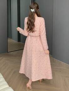 DAZY 2pcs/Set Women's Sleeveless Waist Cinched Dress And Long Sleeve Cardigan Set, Spring/Autumn Lounge Sets For Women - Pink - View 4