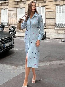 Chiquease New Embroidered Pleated Waist Casual Versatile Slim Fit Dress Fall Cloth For Women - Blue - View 5