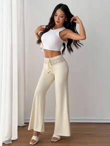 SHEIN PETITE 女式白色针织腰带配串珠抽绳直筒宽松休闲度假裤 - 杏色 - 查看 9