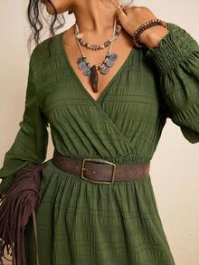 Freevana Plus Size Fall Clothes All Over Print Shirred Leopard Long Sleeve Dress/Fall Dresses/Fall Women Outfits Fall Wedding Guest Dress Elegant Women Dresses Business Casual Woman Work Dress Business Dress Fall Wedding Guest Dress Business Casual Woman Fall Clothes For Women Winter Clothes Office Outfits For Women Chic Winter Business Winter Party Fall Halloween Christmas - Army Green - View 4