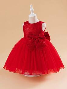 Glamorique Kids Christmas Young Girl Dresses, Party Dresses, New Year's Dresses, Christmas Children's Dance Dresses, Little Girl Princess Dresses, Red Sequined Pearl Dresses, Red Tulle Tutu Dresses, Dresses With Large Bows At The Back, Stage Performance Dresses, Middle Eastern-Style All-Season Dresses, Birthday Party Dresses, Carnival Dresses. - Red - View 4