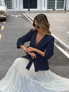 Siren Gaze Casual & Commute Solid Color Linen Thin Blazer In Fall/Winter Blue - Navy Blue - View 7